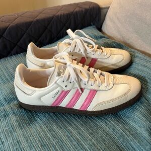 adidas Samba Sneakers in Cream with Pink Stripes